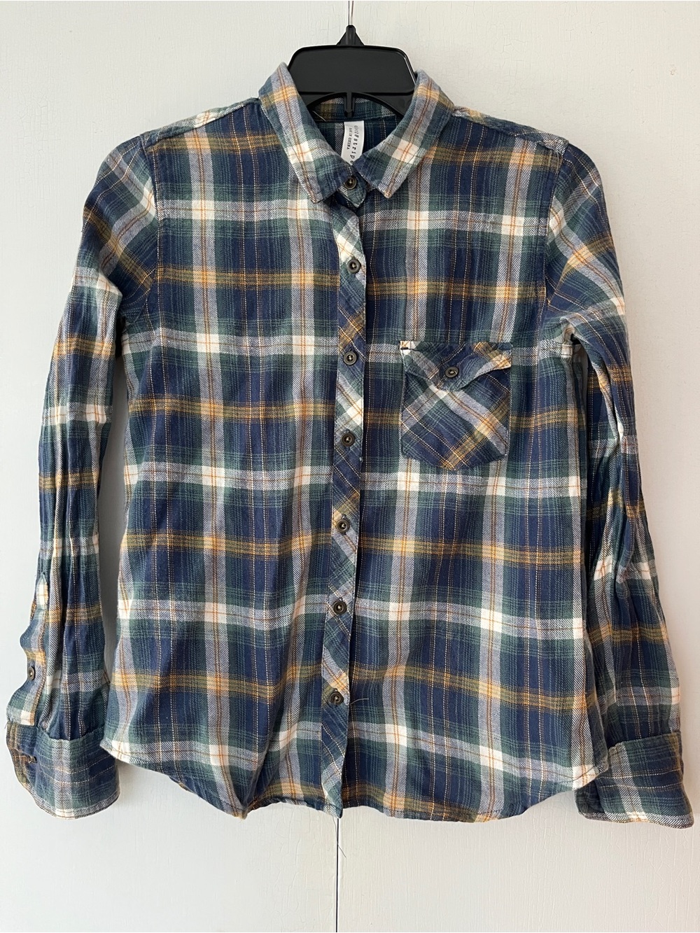 Women's Blue Plaid Button-Down Shirt with Yellow & Green Accents